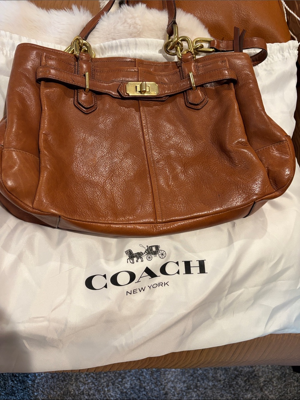 COACH Leather Shoulder Bag in Saddle Tan with Gold Hardware
